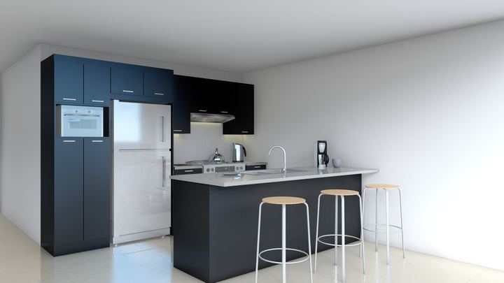 Cuisine, finition noire, design 3D