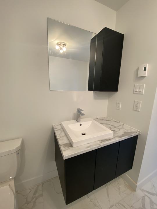 Salle de bain, vanité noire, logement livré